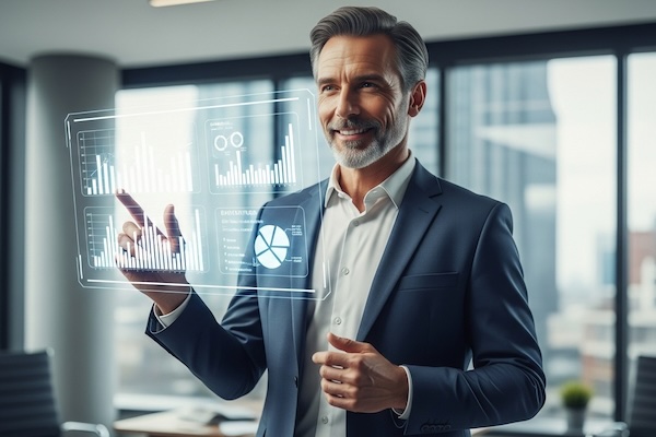 AI business consultant providing analysis on a screen.
